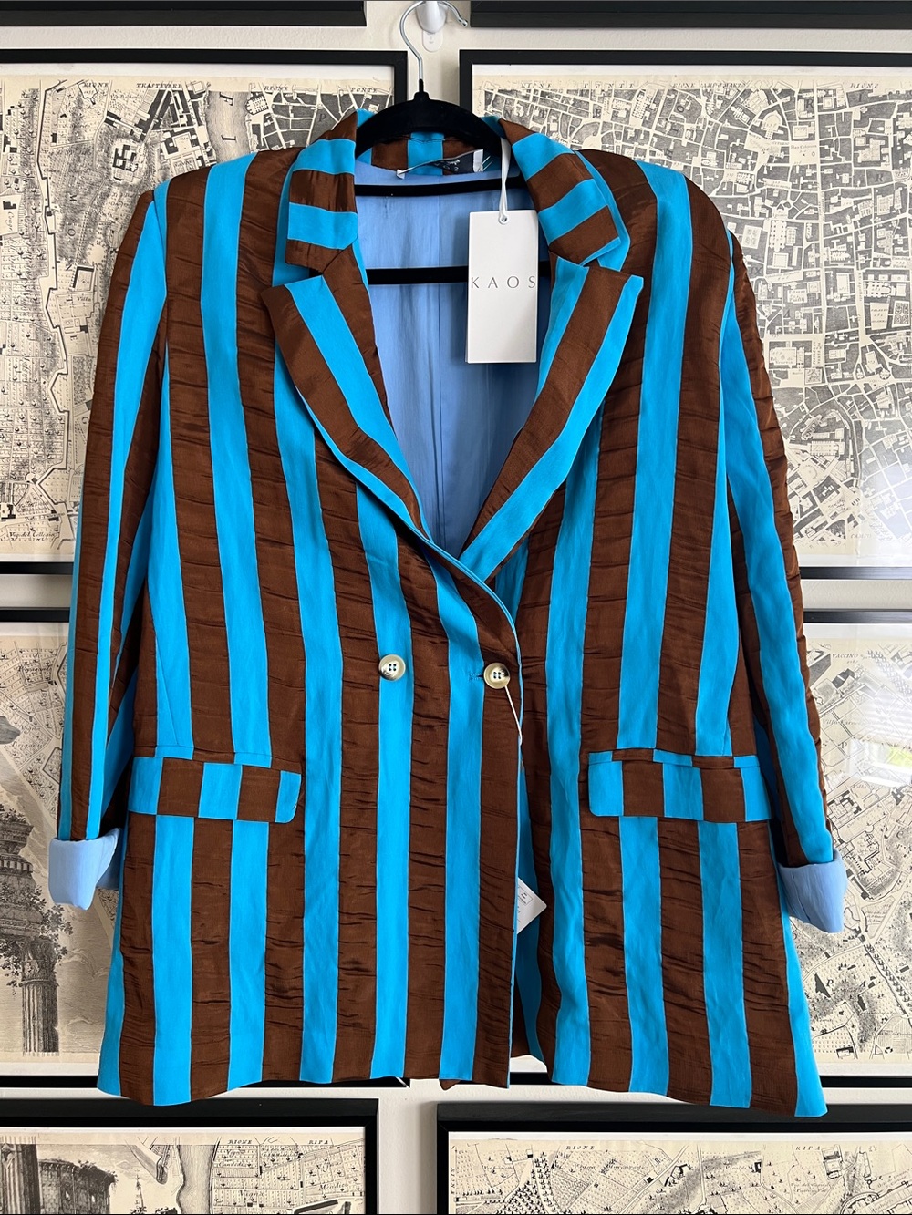 Kaos Turquoise & Brown Striped Double-Breasted Blazer Made in Italy